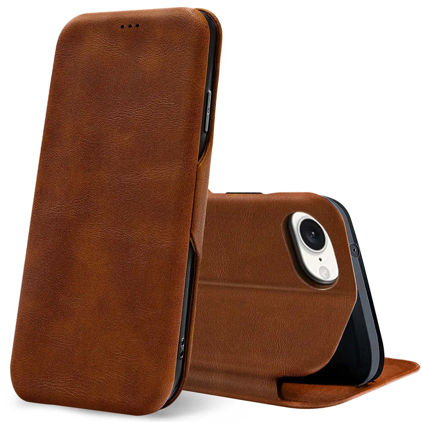 Braune Leder-Klapphülle mit Kartenfach für iPhone 16e, von vorne/seitlich