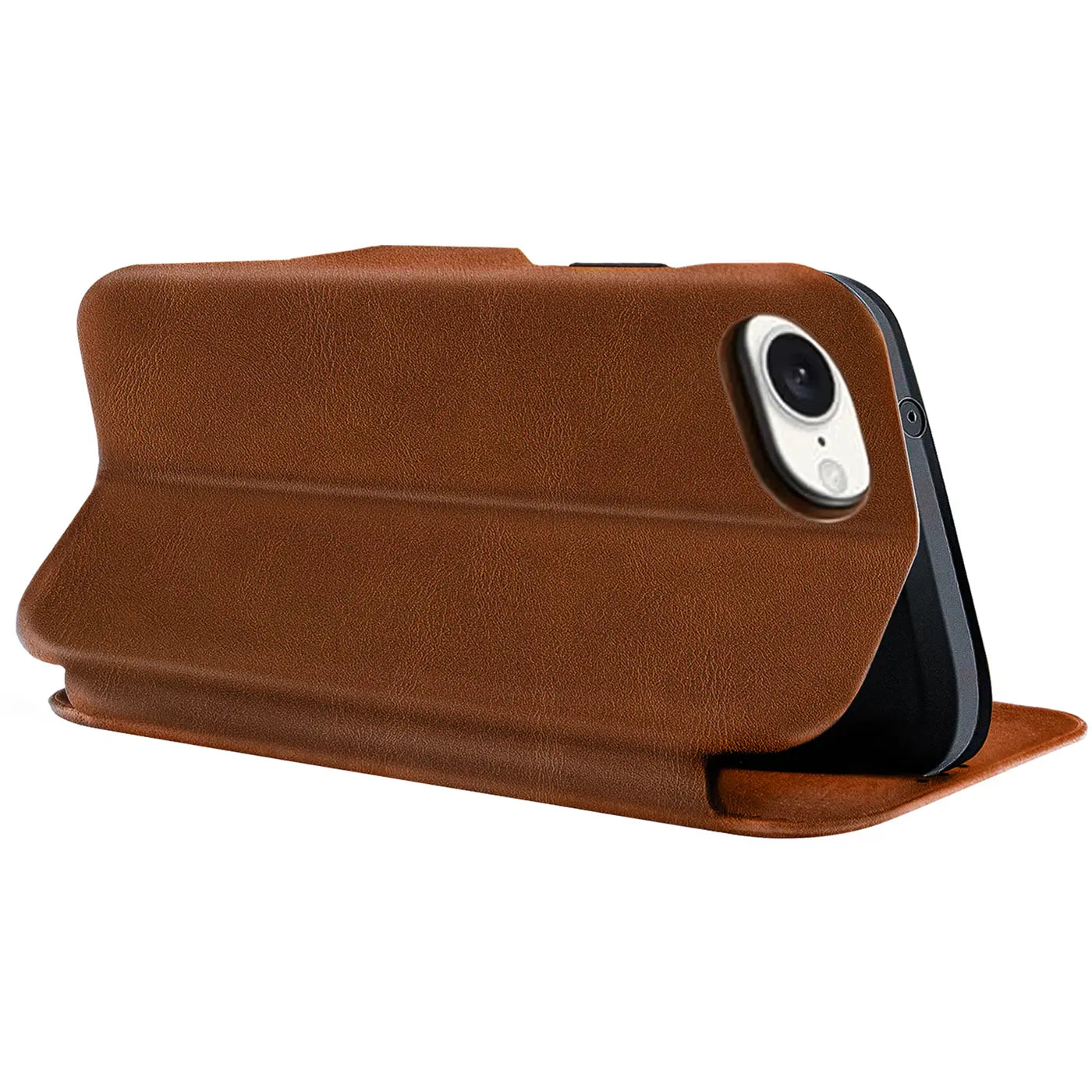 Braune Leder-Klapphülle mit Kartenfach, seitliche Ansicht, zeigt iPhone 16e mit Kamera