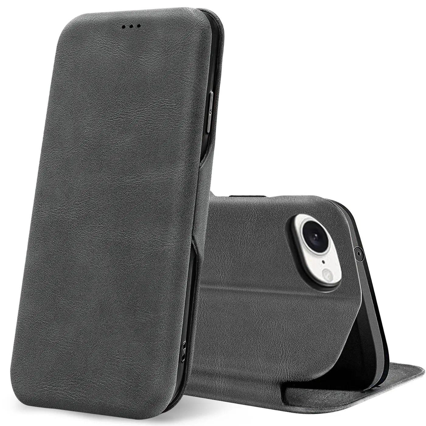 Graue Kunstleder-Klapphülle mit Kartenfach, Vorder- und Rückansicht, für iPhone 16e.