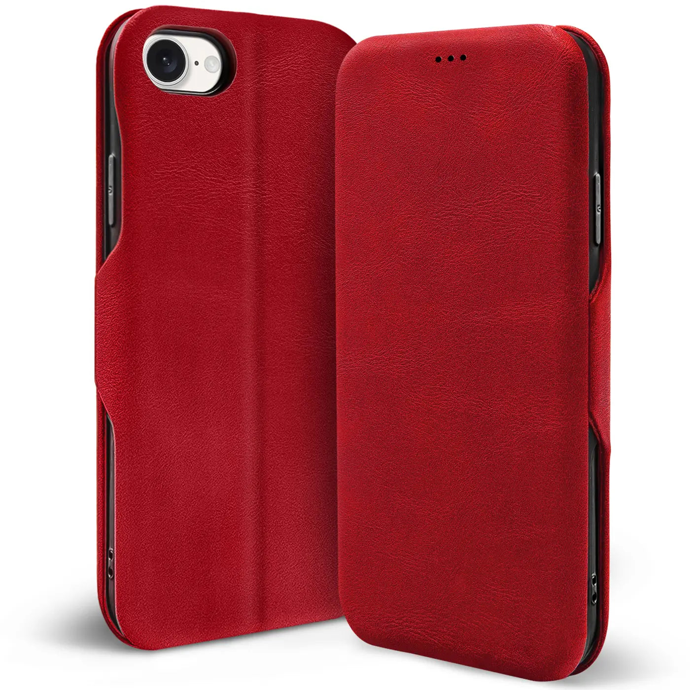 Rote Leder-Klapphülle mit Kartenfach, Vorder- und Rückansicht, iPhone 16e erkennbar.