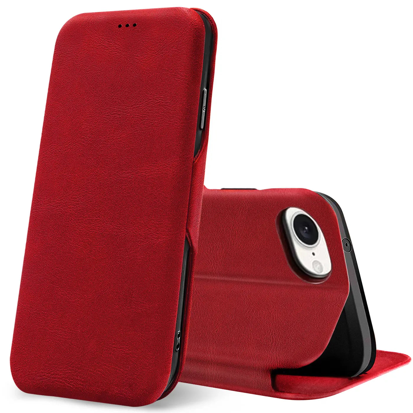 Rote Leder-Klapphülle mit Kartenfach, iPhone 16e von vorne und hinten gezeigt.