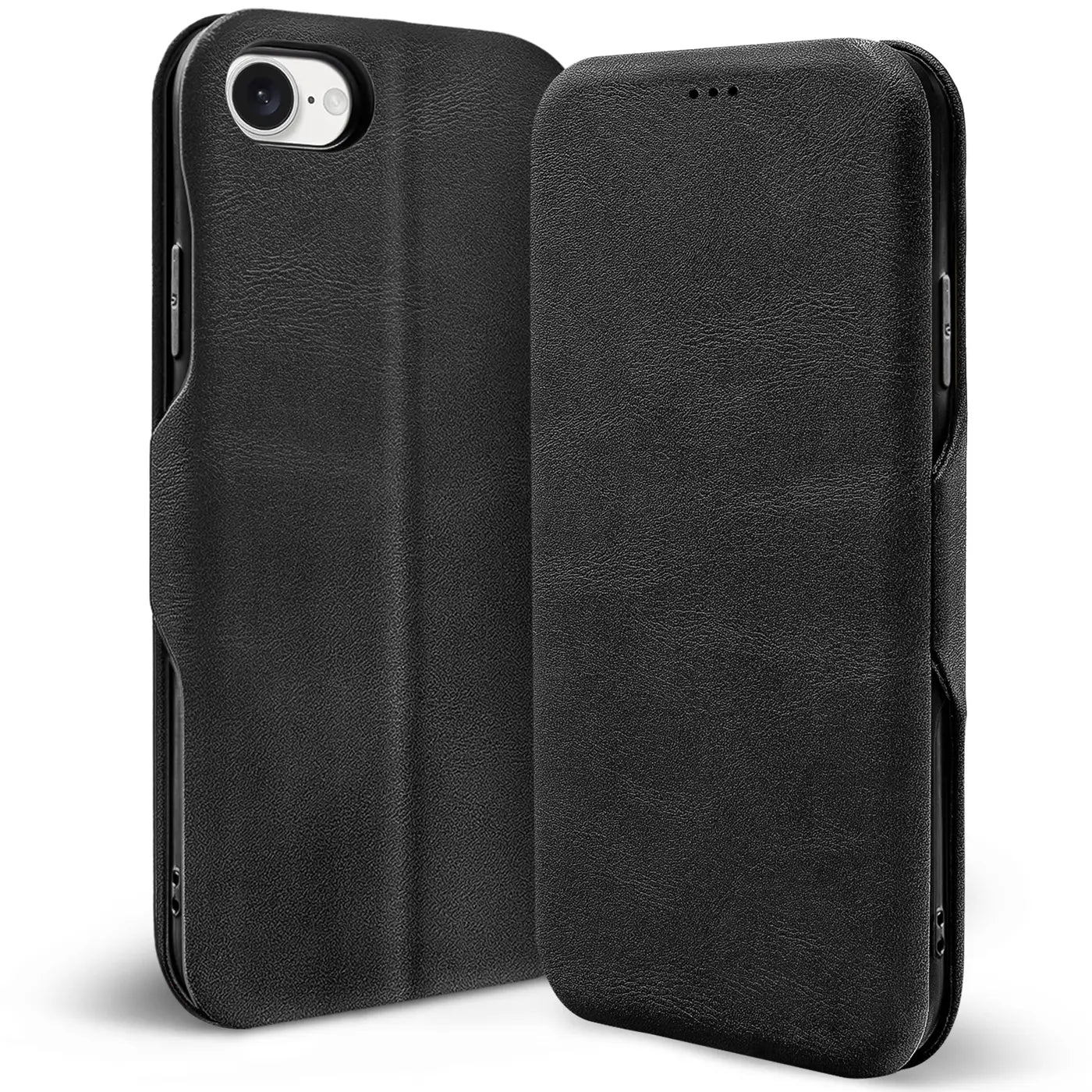 Schwarze Leder-Klapphülle für iPhone 16e, von vorne, mit Kartenfach.