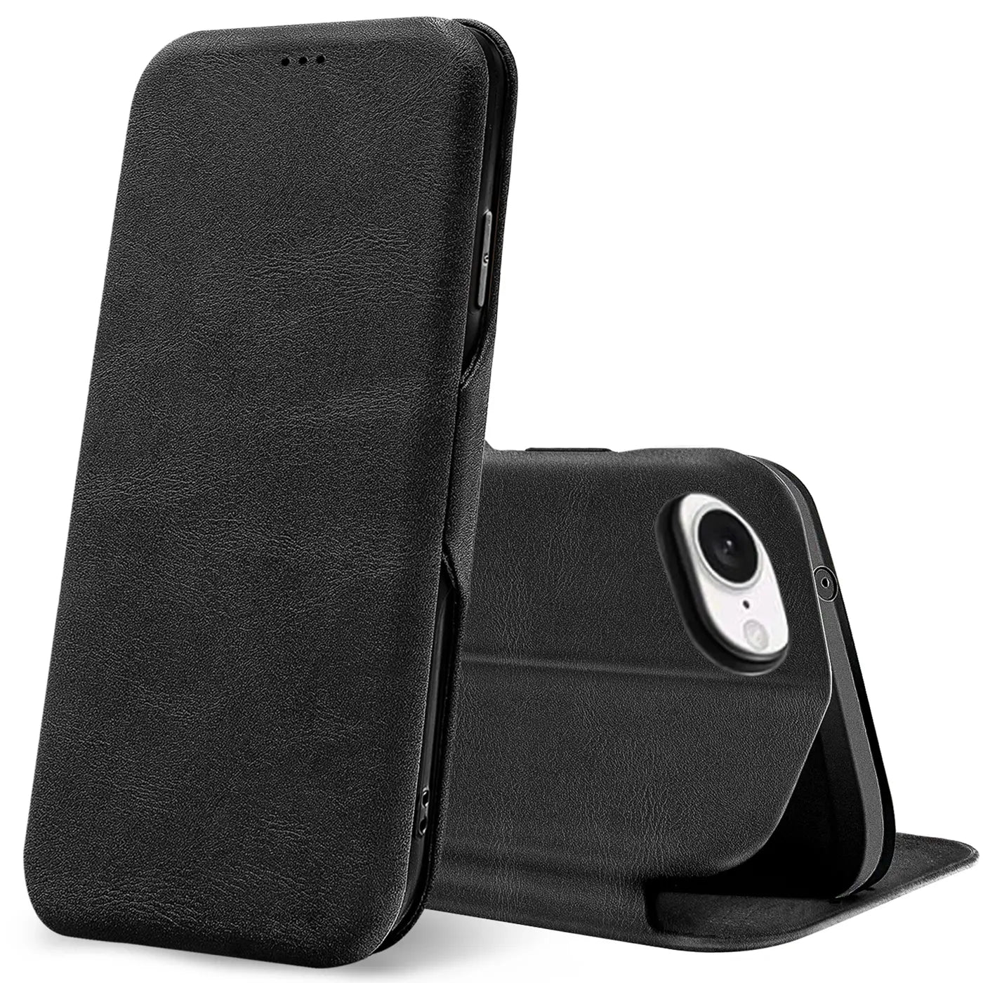 Schwarze Leder-Klapphülle für iPhone 16e, von vorne und hinten gezeigt.