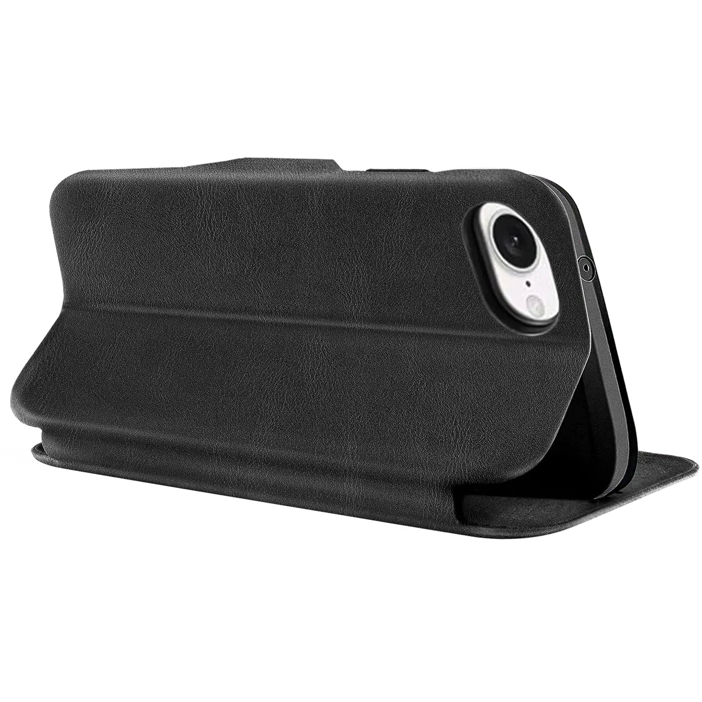Schwarze Leder-Klapphülle mit Kartenfach, von schräg vorne, zeigt iPhone 16e Rückseite