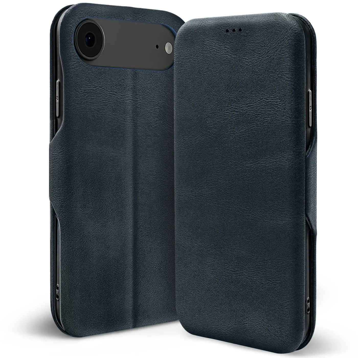 Dunkelblaue Leder-Klapphülle mit Kartenfach, Vorder- und Rückansicht eines Smartphones.