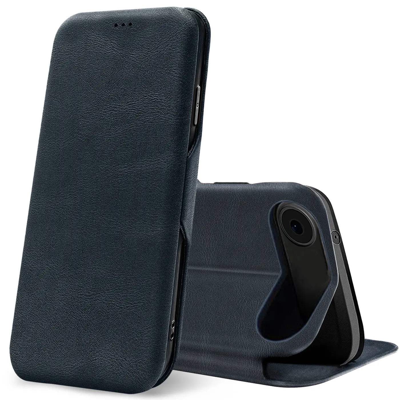 Dunkelblaue Leder-Klapphülle für iPhone 17 Air, von vorne/seitlich, mit Kartenfach.