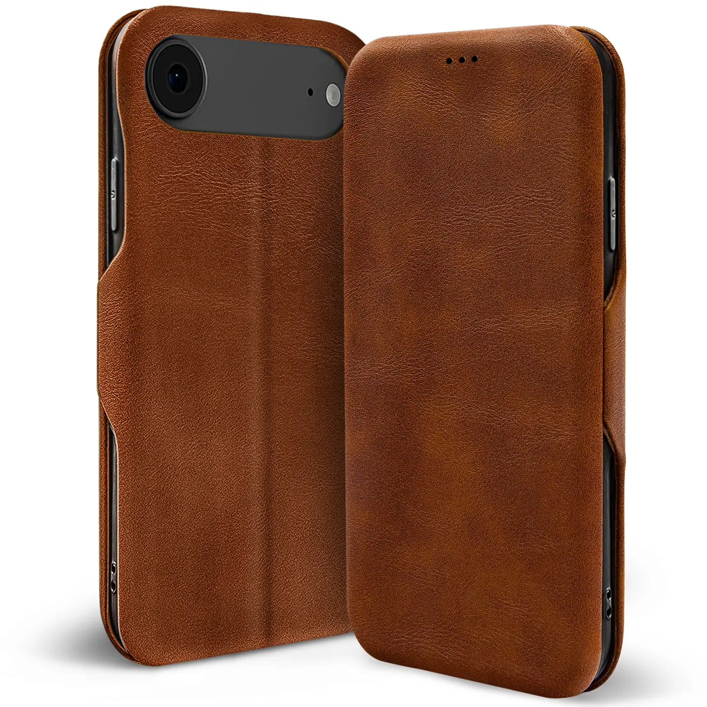 Braune Leder-Klapphülle mit Kartenfach, Vorder- und Rückansicht, für iPhone 17 Air.