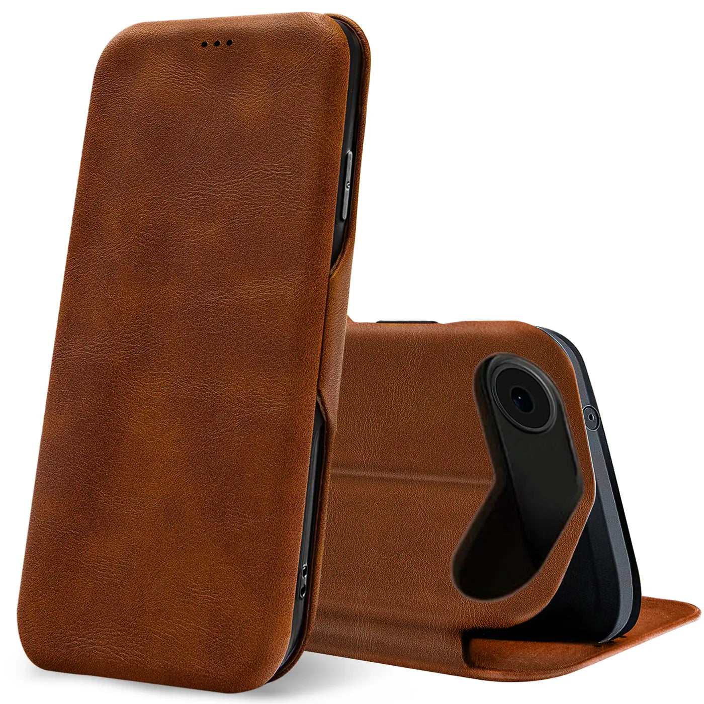 Braune Leder-Klapphülle mit Kartenfach, seitliche Ansicht, iPhone 17 Air erkennbar.