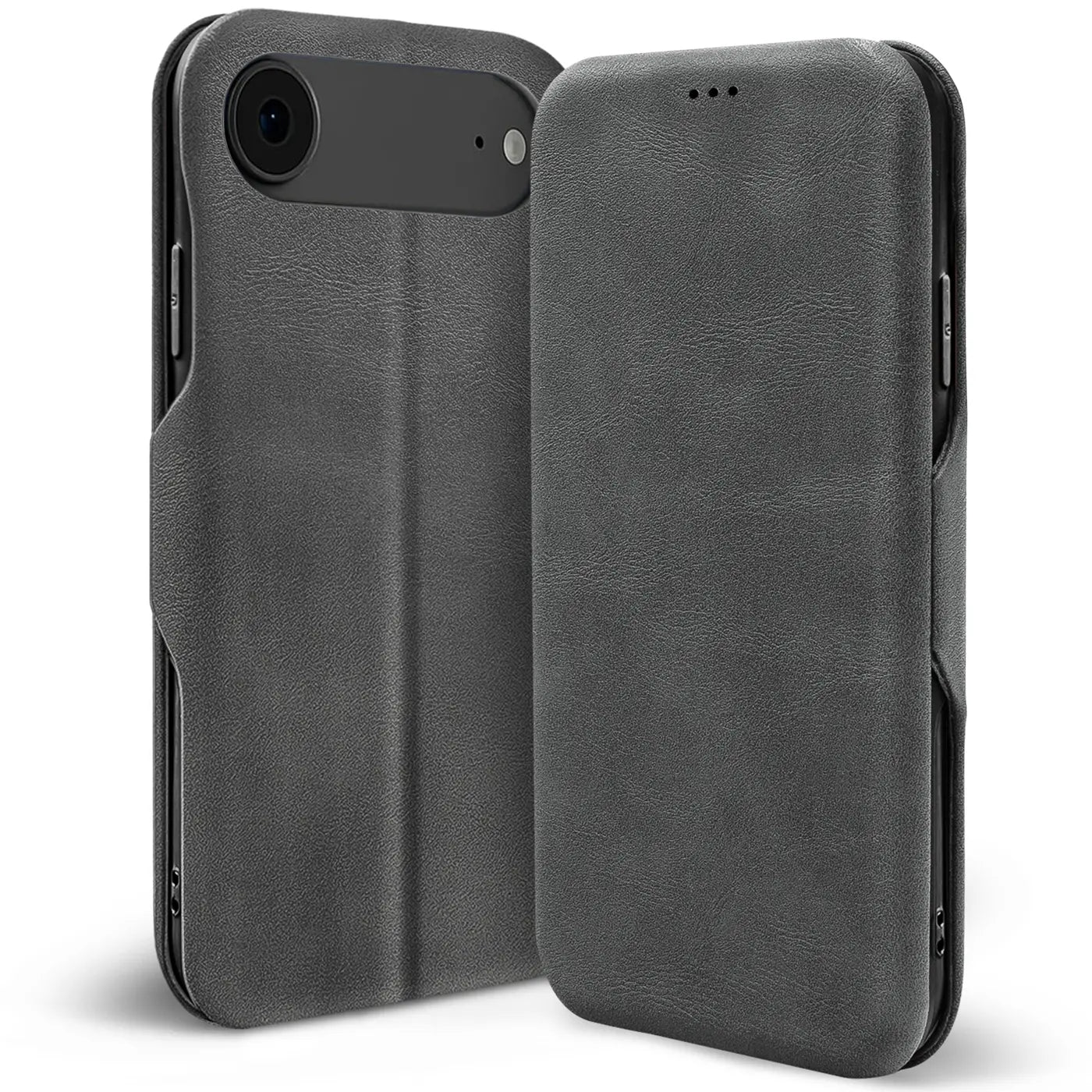 Graue Leder-Klapphülle mit Kartenfach, Vorder- und Rückansicht, für iPhone 17 Air.