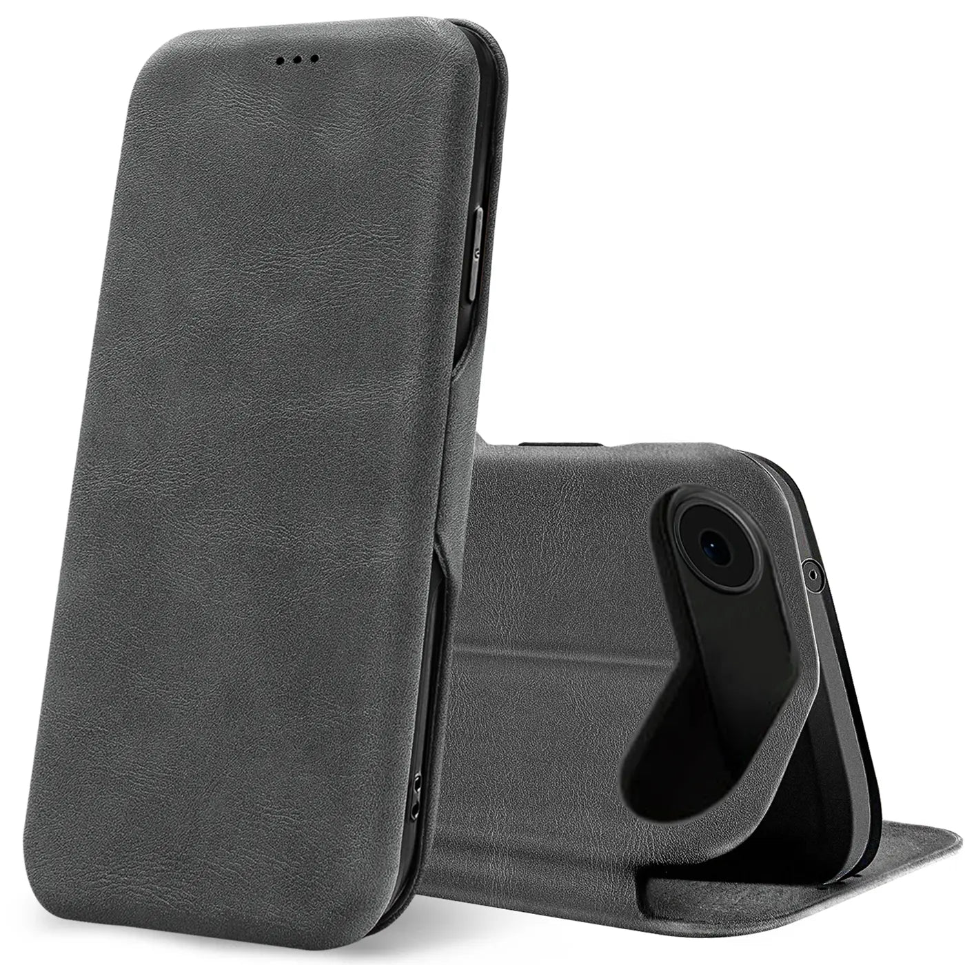 Graue Kunstleder-Klapphülle mit Kartenfach, von vorne/seitlich, iPhone 17 Air erkennbar.