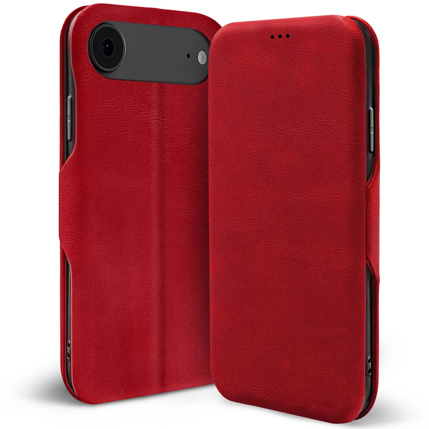 Rote Leder-Klapphülle mit Kartenfach, Vorder- und Rückansicht, für iPhone 17 Air.