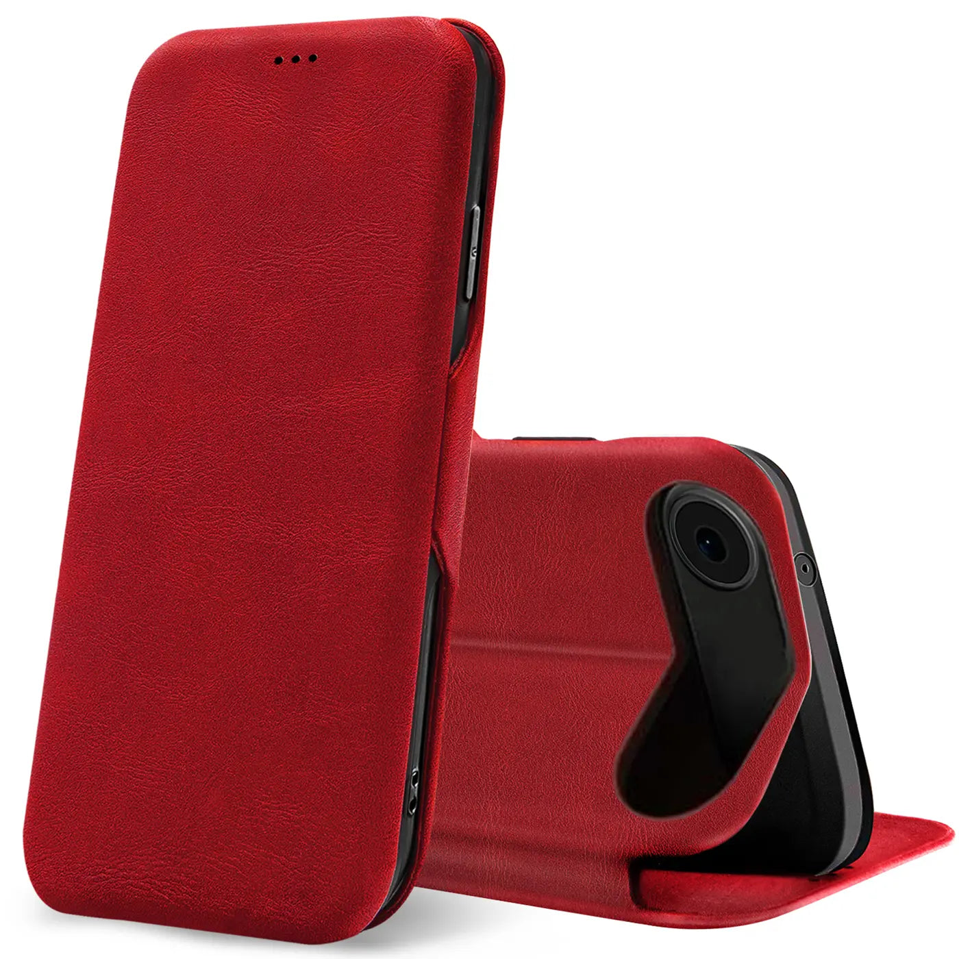 Rote Leder-Klapphülle mit Kartenfach, seitliche Ansicht, zeigt iPhone 17 Air.