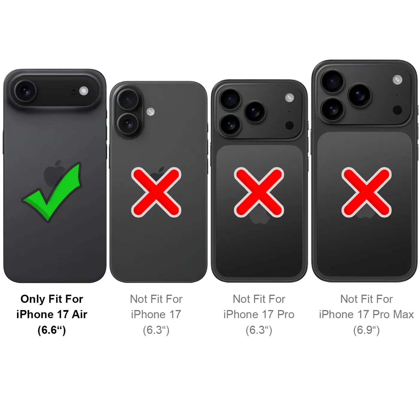 Vier schwarze iPhone-Rückseiten, eine mit grünem Haken, drei mit rotem Kreuz.