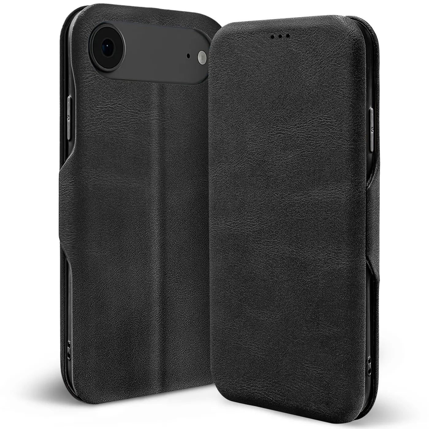 Schwarze Leder-Klapphülle mit Kartenfach, von vorne und von der Seite, für iPhone 17 Air.