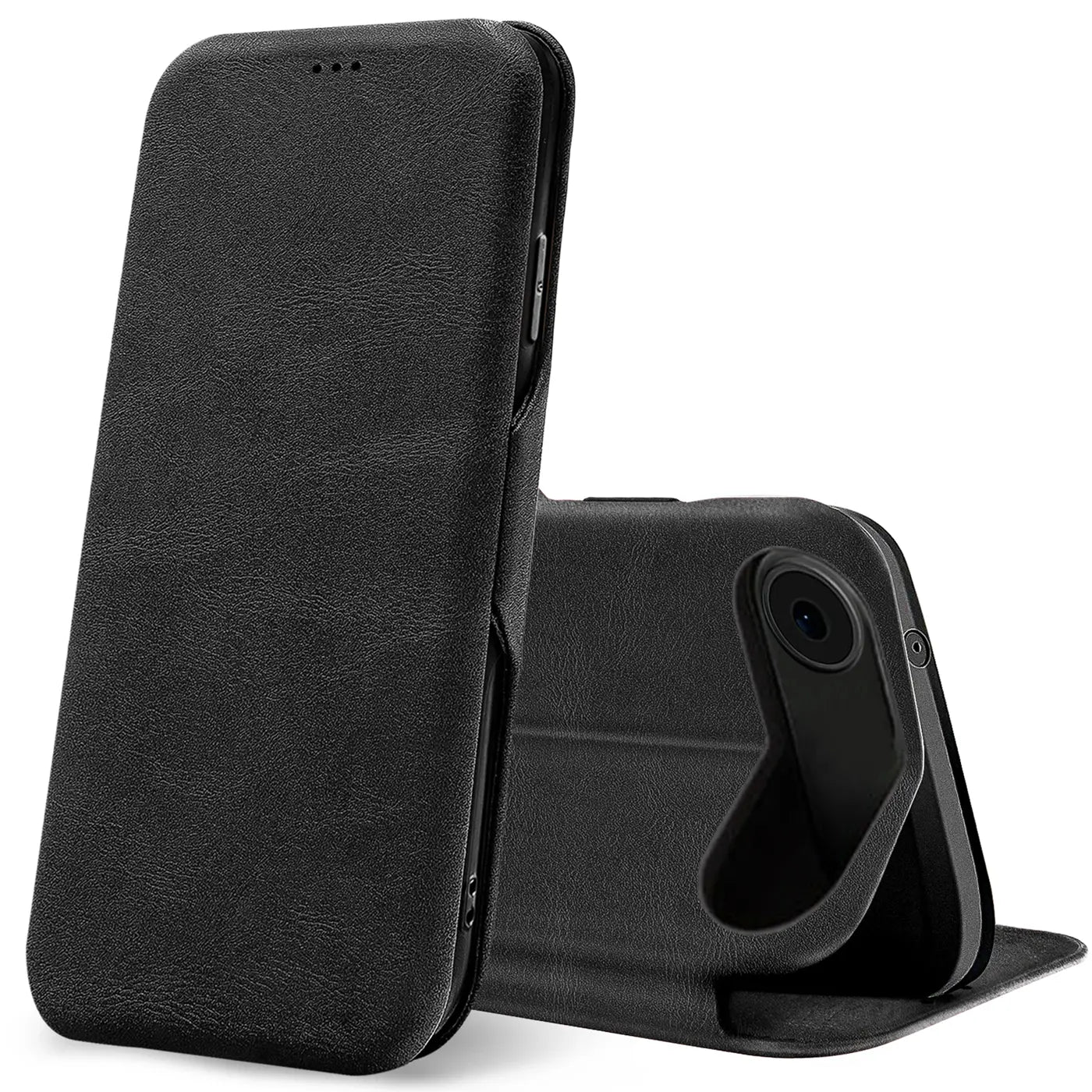 Schwarze Leder-Klapphülle mit Kartenfach, Seitenansicht, iPhone 17 Air.