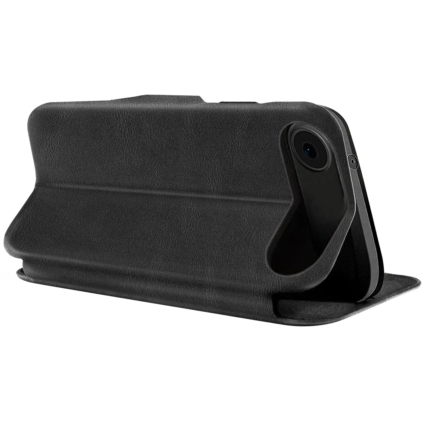 Schwarze Leder-Klapphülle mit Kartenfach, seitliche Ansicht, zeigt iPhone 17 Air.