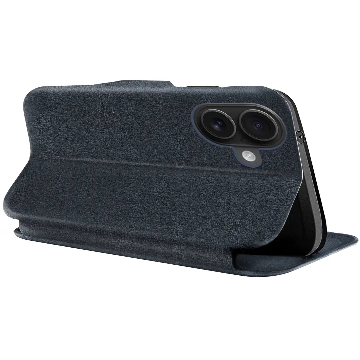 Dunkelblaue Leder-Klapphülle mit Kartenfach, seitliche Ansicht, zeigt Smartphone-Kamera.
