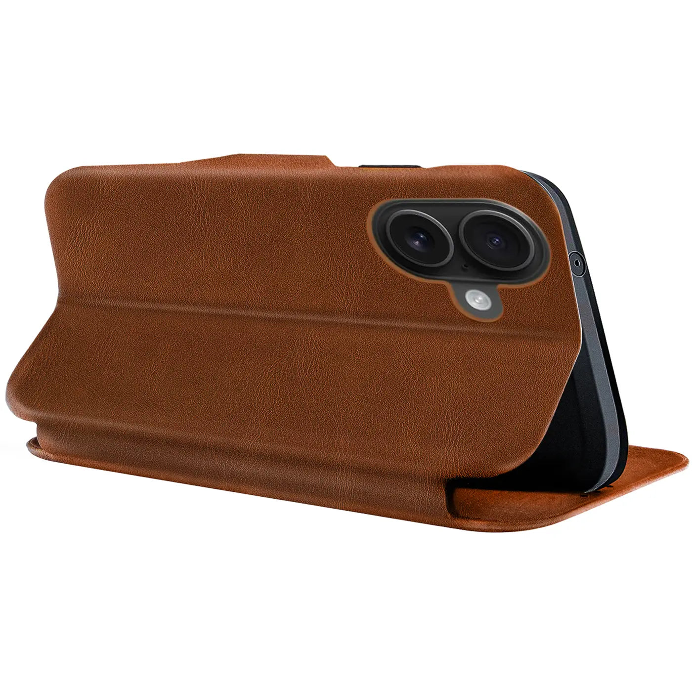 Braune Leder-Klapphülle mit Kartenfach, von schräg vorne, zeigt Rückseite eines Smartphones.
