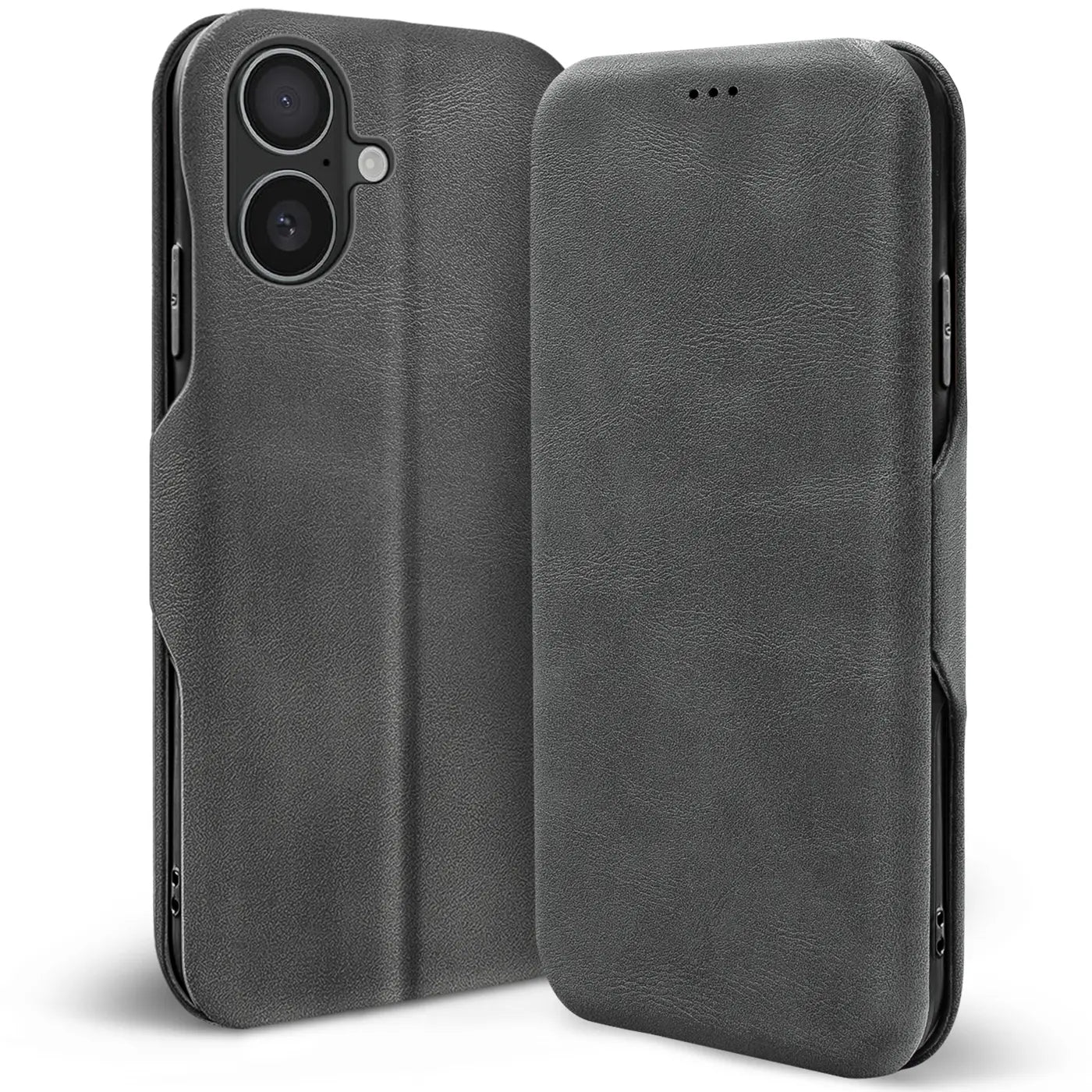 Graue Kunstleder-Klapphülle für iPhone 17, von vorne/seitlich.