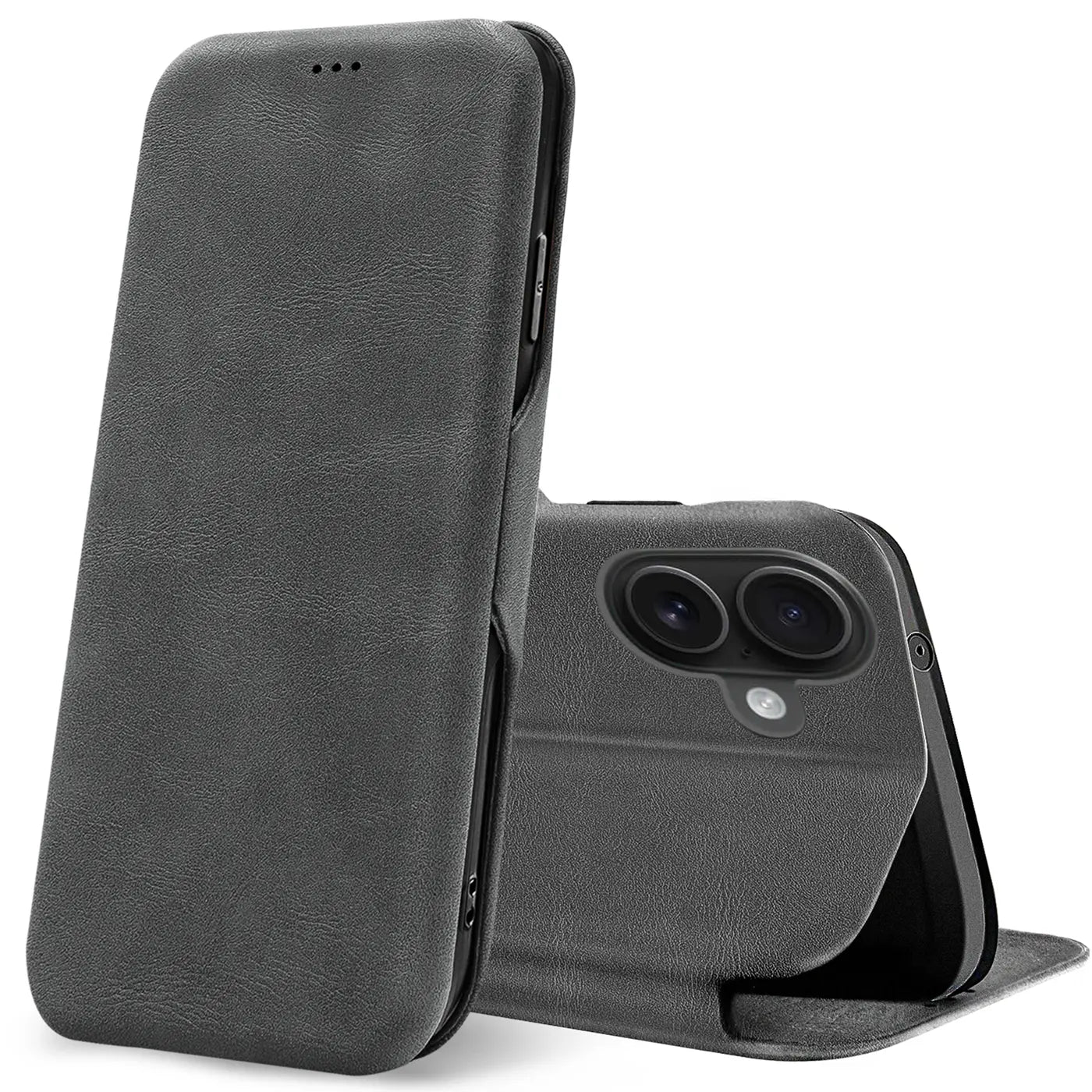 Graue Kunstleder-Klapphülle mit Kartenfach, Vorder- und Rückansicht, iPhone 17.