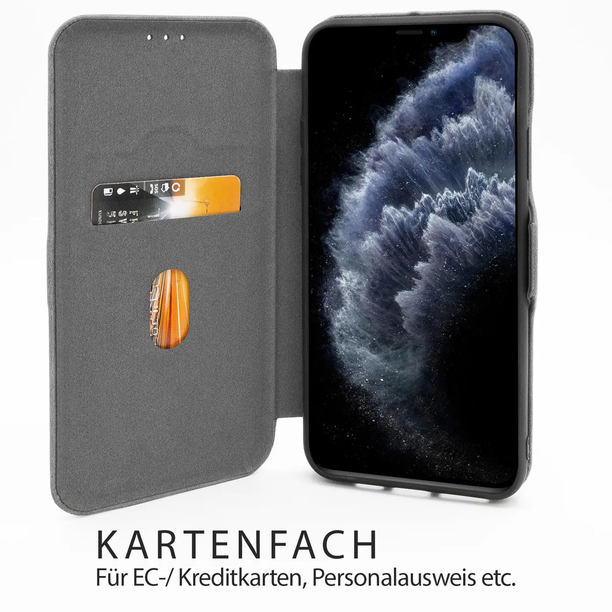 Graue Kunstleder-Klapphülle mit Kartenfach, zeigt iPhone 18 Pro, von vorne.