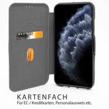 Graue Kunstleder-Klapphülle mit Kartenfach, zeigt iPhone 18 Pro, von vorne.