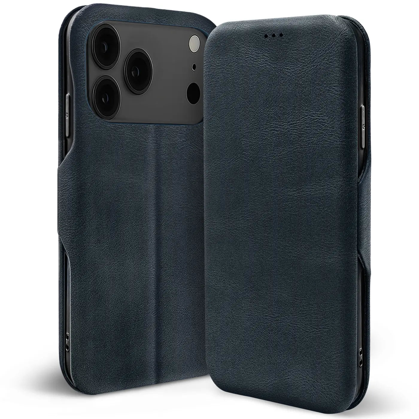 Dunkelblaue Leder-Klapphülle mit Kartenfach, Vorder- und Rückansicht, für iPhone 17 Pro Max.