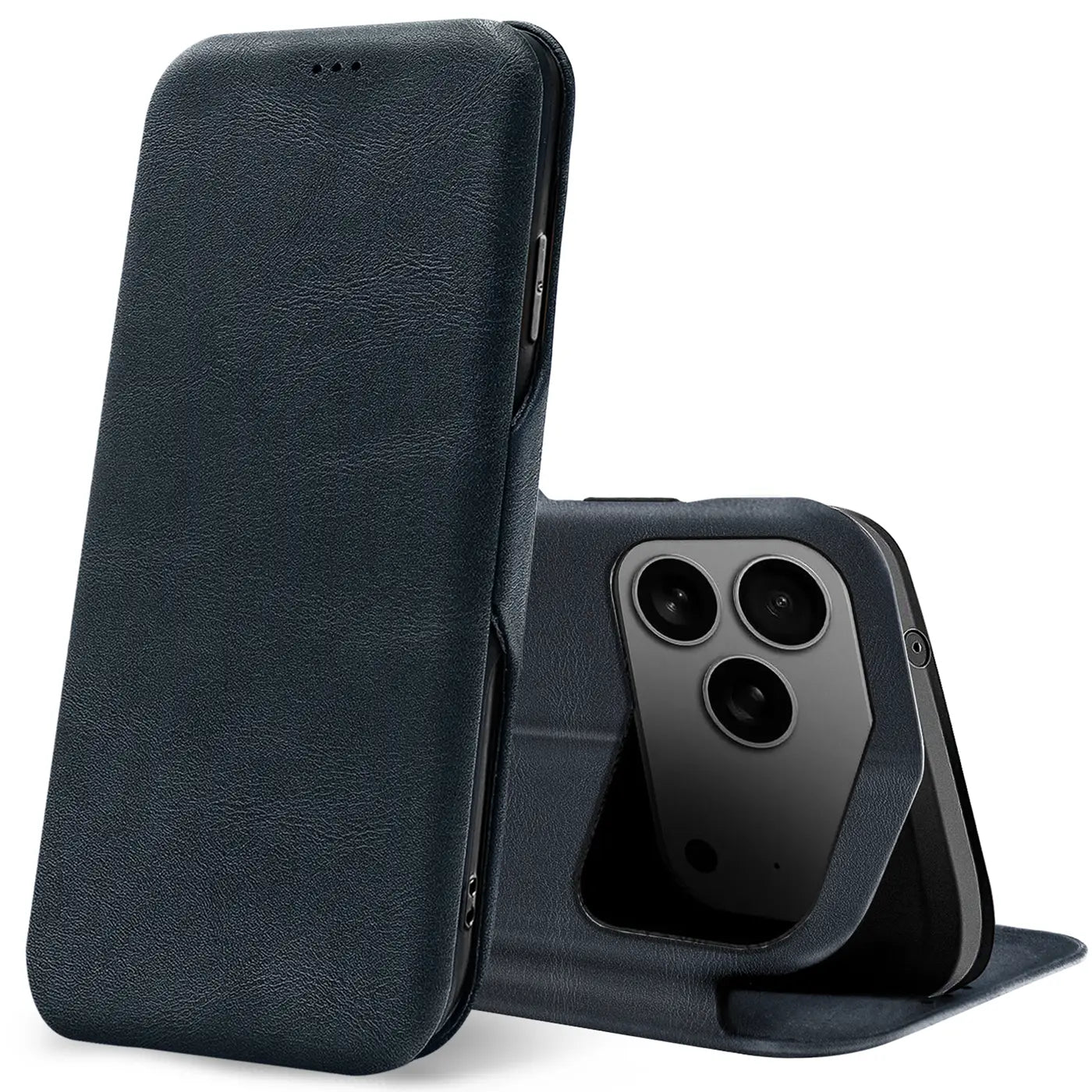 Dunkelblaue Leder-Klapphülle mit Kartenfach, zeigt iPhone 17 Pro Max Rückseite.