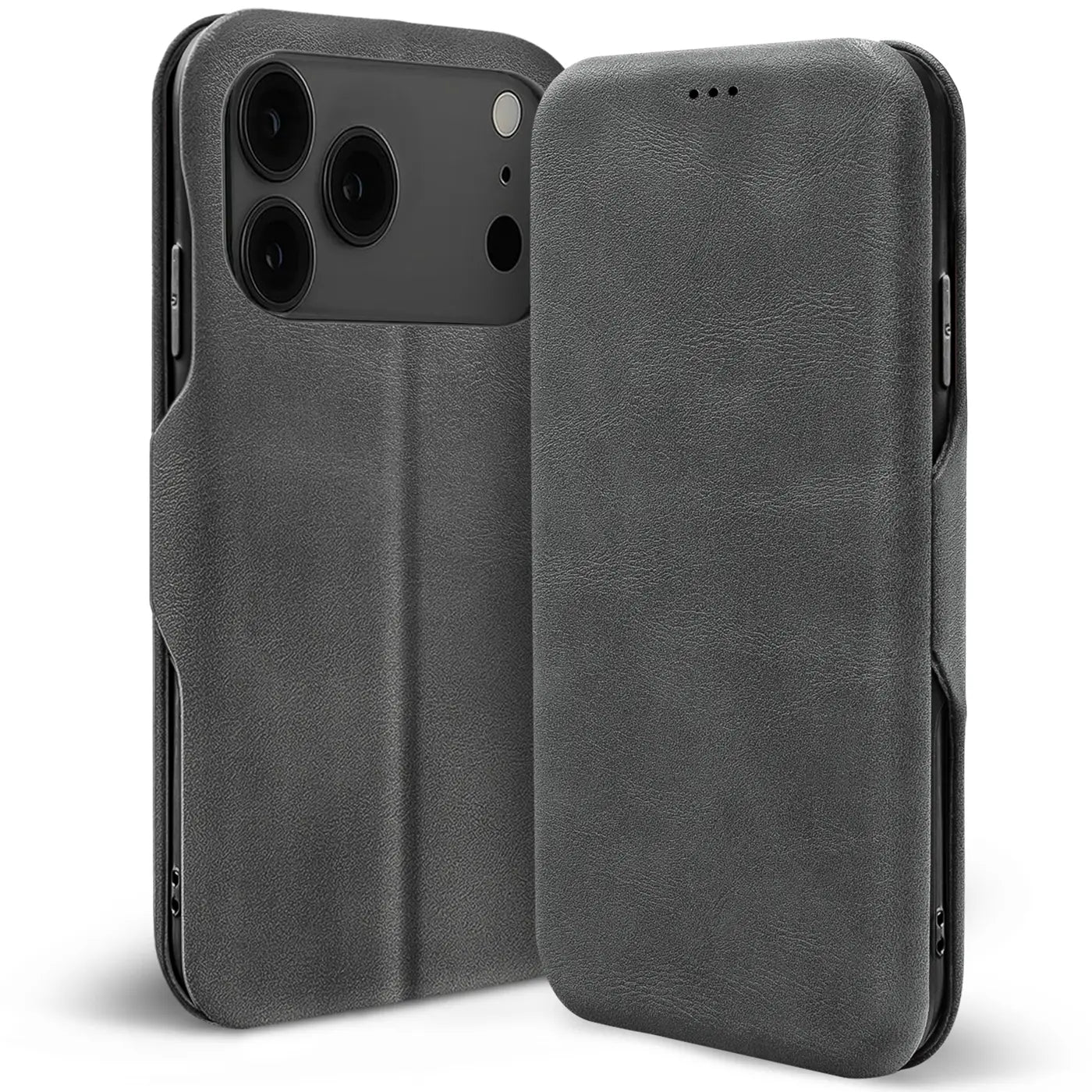 Graue Leder-Klapphülle mit Kartenfach, von vorne/seitlich, für iPhone 17 Pro Max.