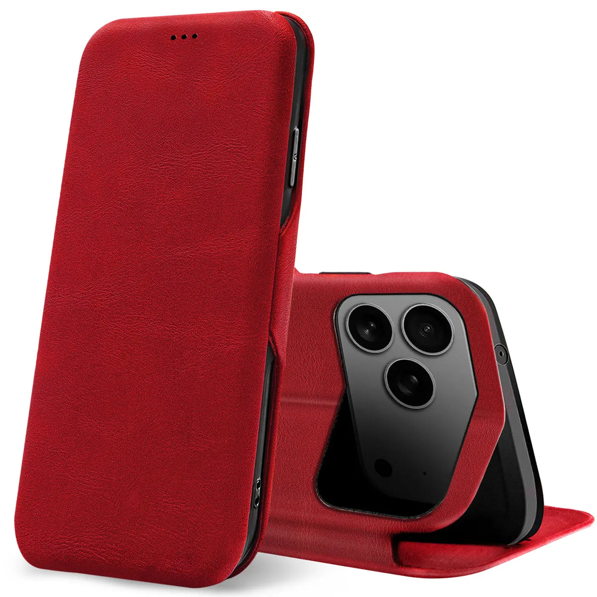 Rote Leder-Klapphülle mit Kartenfach, zeigt iPhone 18 Pro Max Rückseite, von vorne links