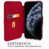 Rote Klapphülle aus Leder mit Kartenfach, geöffnet, zeigt iPhone 18 Pro Max.