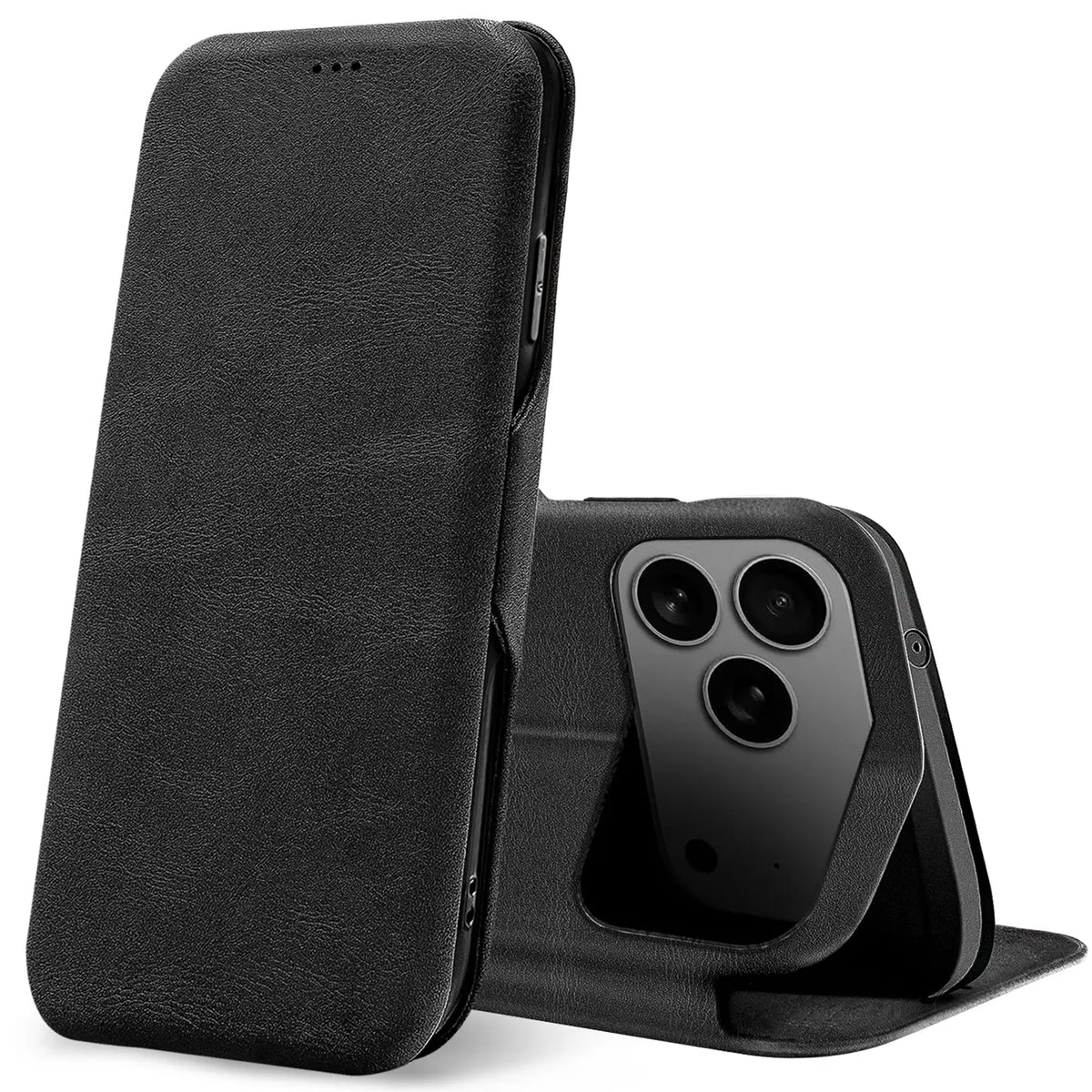 Schwarze Leder-Klapphülle mit Kartenfach, zeigt iPhone 18 Pro Max Rückseite, von vorne links