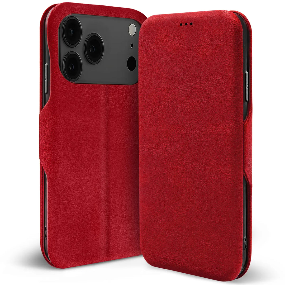 Rote Leder-Klapphülle mit Kartenfach, zeigt iPhone 18 Pro Rückseite und Vorderseite.
