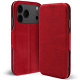 Rote Leder-Klapphülle mit Kartenfach, zeigt iPhone 18 Pro Rückseite und Vorderseite.