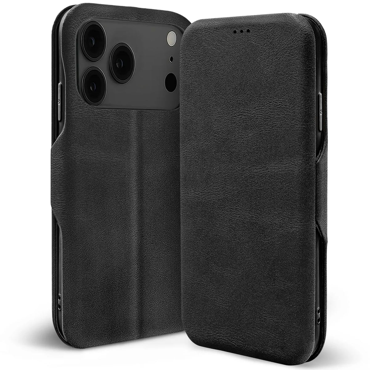 Schwarze Leder-Klapphülle mit Kartenfach, zeigt Rückseite und geschlossene Vorderseite eines iPhones.