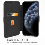 Schwarze Leder-Klapphülle mit Kartenfach, zeigt iPhone 18 Pro, Frontansicht.