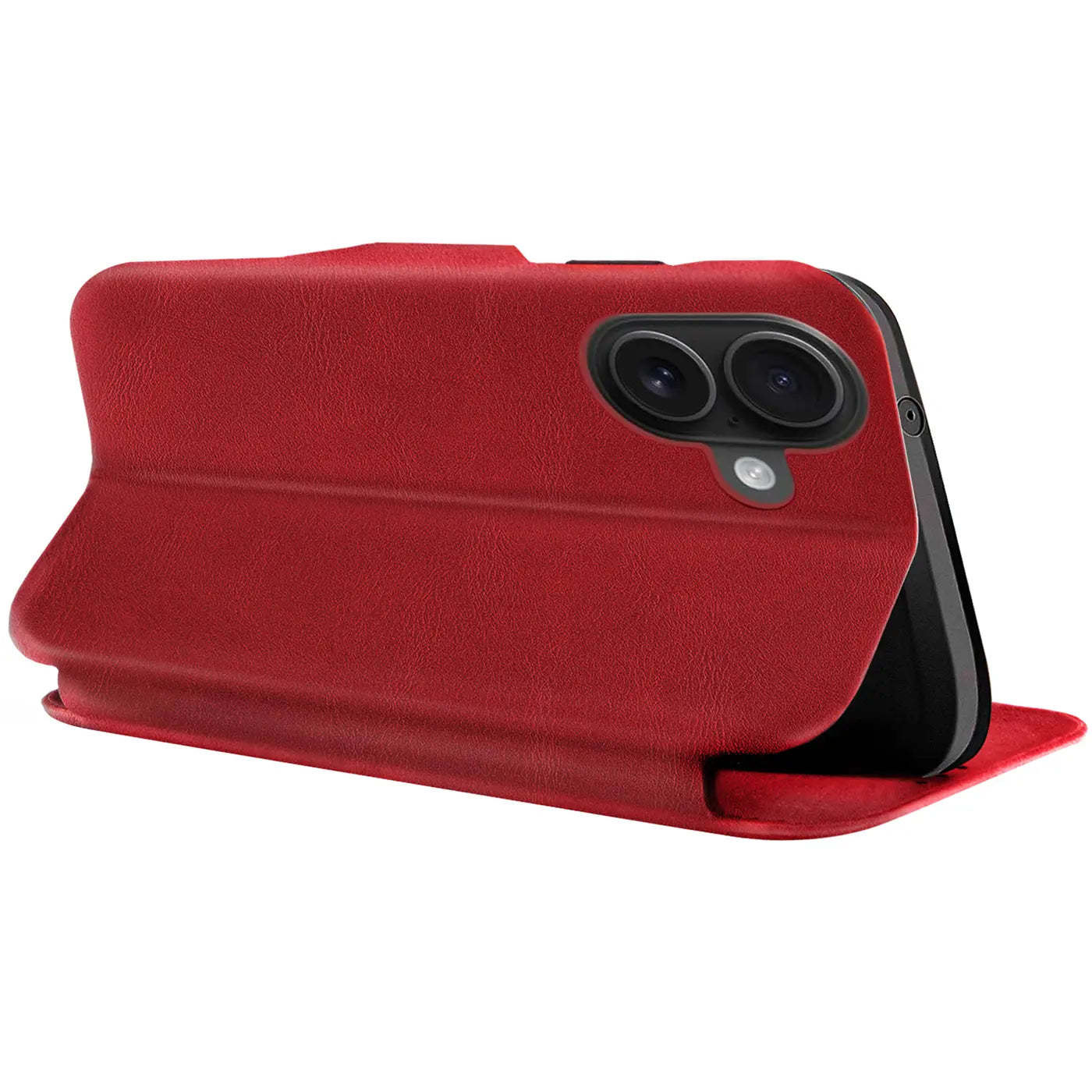 Rote Kunstleder-Klapphülle mit Kartenfach, seitliche Ansicht, zeigt Smartphone-Kamera.