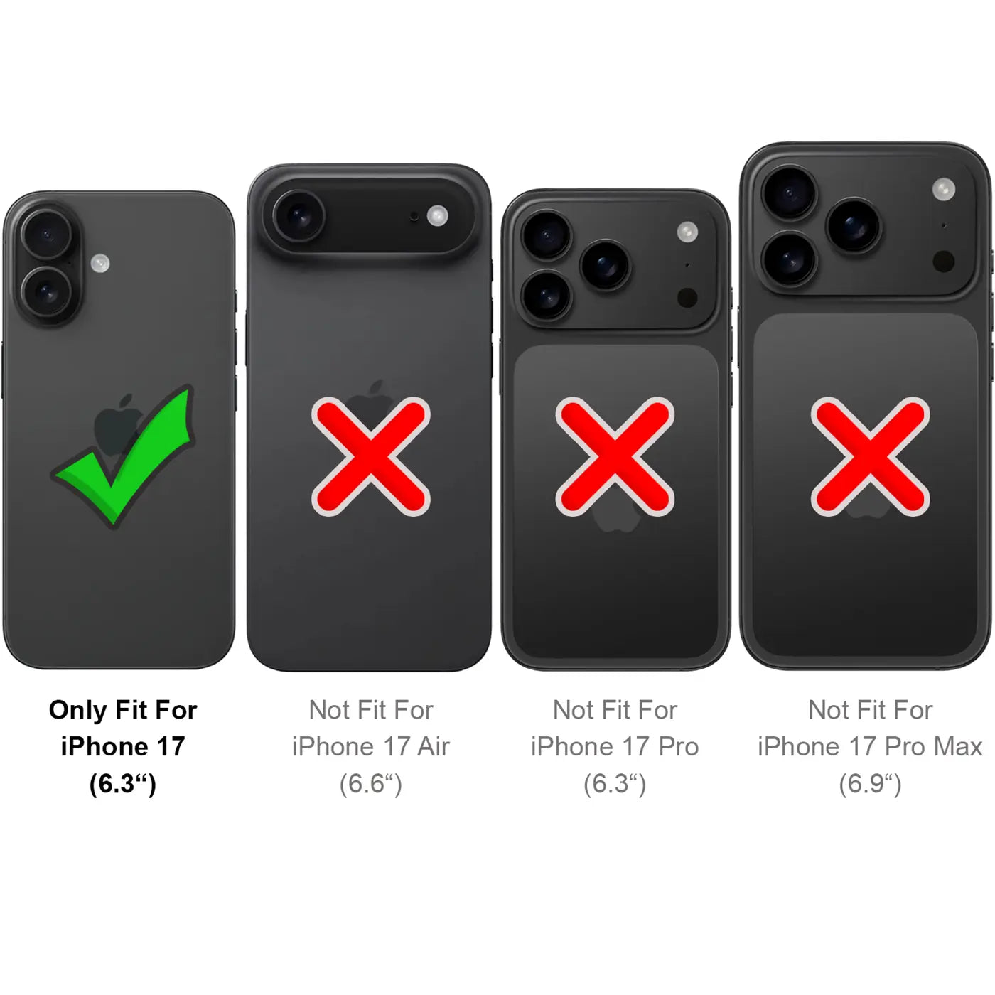 Vier schwarze iPhone-Rückseiten, eine mit Häkchen, drei mit Kreuzen.