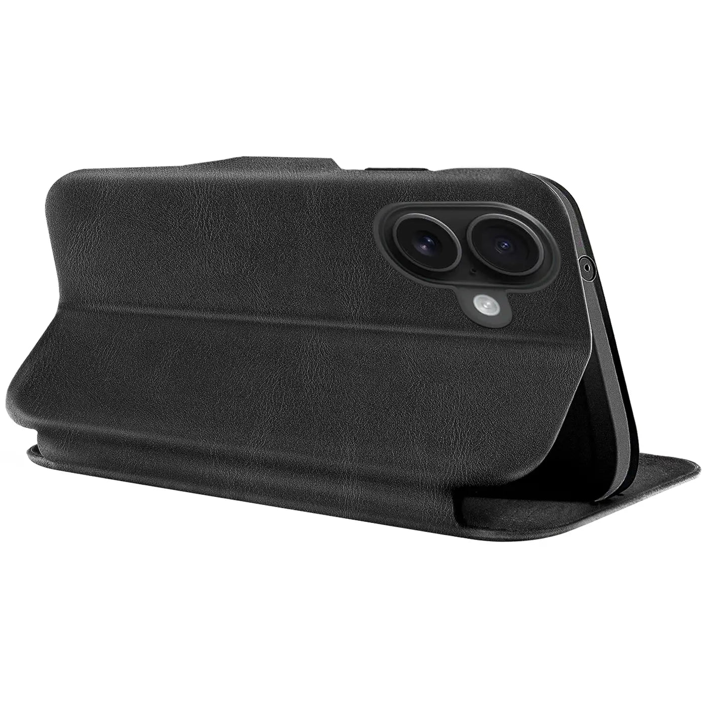 Schwarze Leder-Klapphülle mit Kartenfach, seitliche Ansicht, zeigt iPhone 17 mit Doppelkamera.