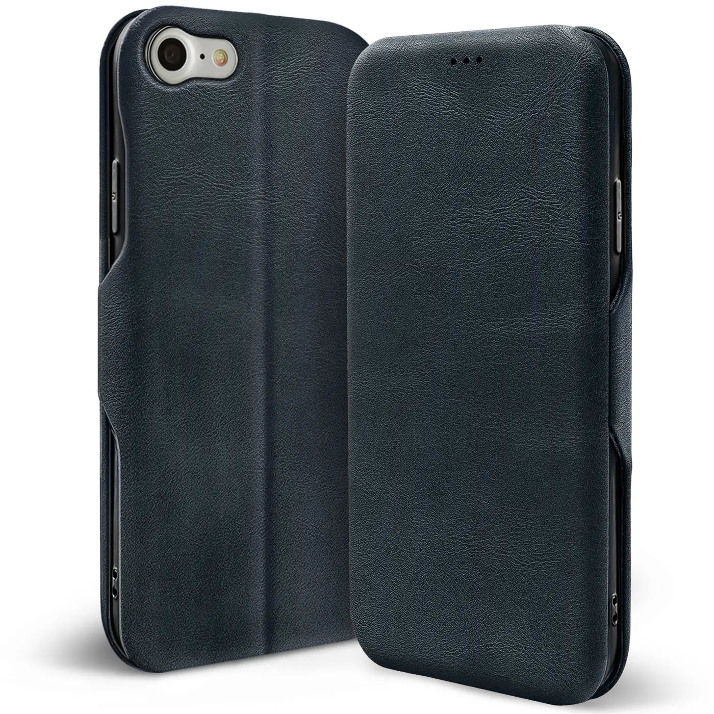 Dunkelblaue Leder-Klapphülle für iPhone 7/8/SE, von vorne links/rechts gezeigt.