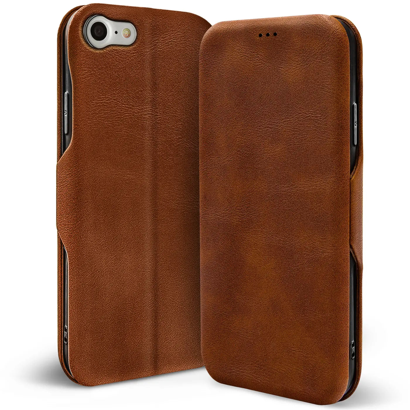 Braune Leder-Klapphülle für iPhone 7/8/SE, von vorne, mit Kartenfach.