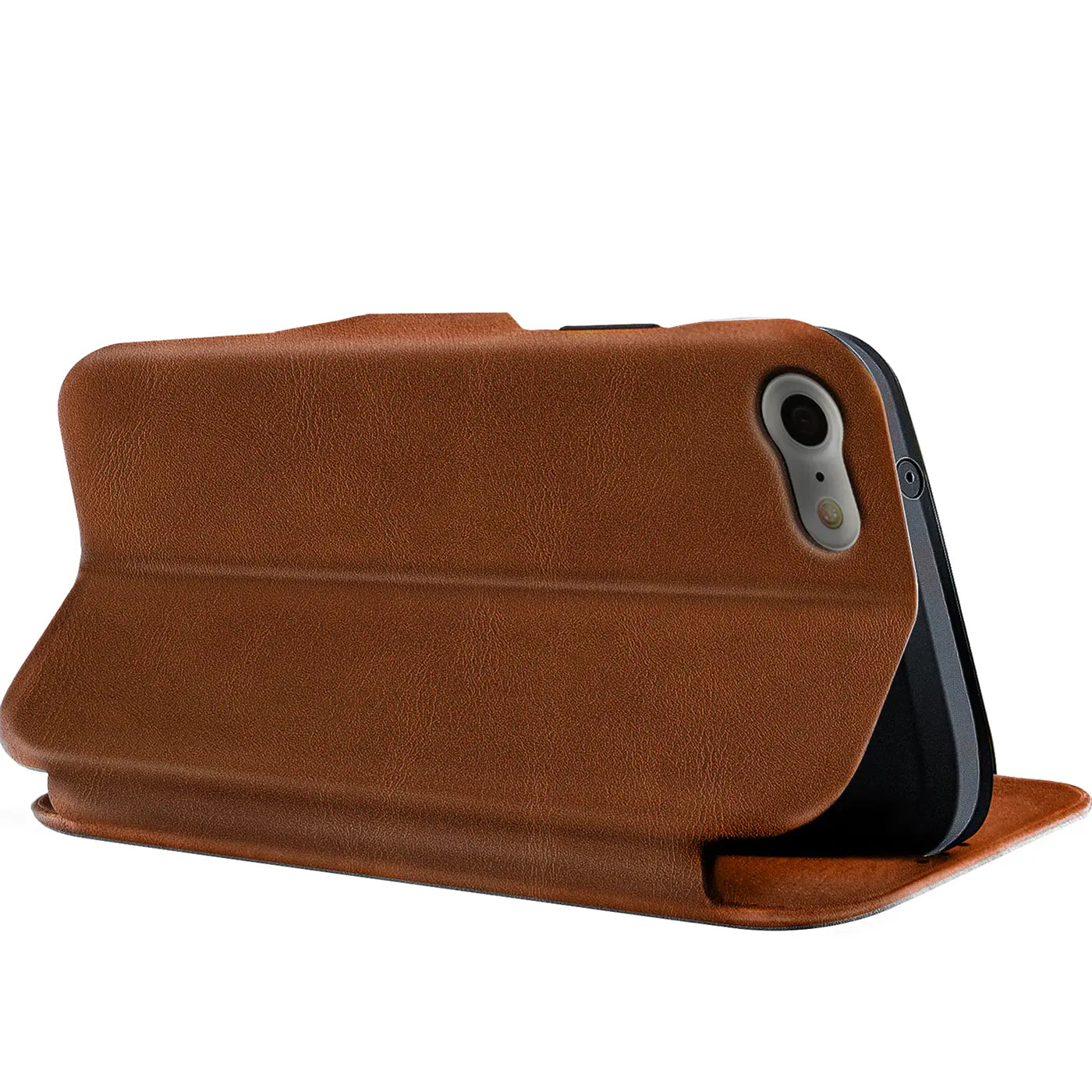 Braune Leder-Klapphülle für iPhone 7/8/SE, Seitenansicht.