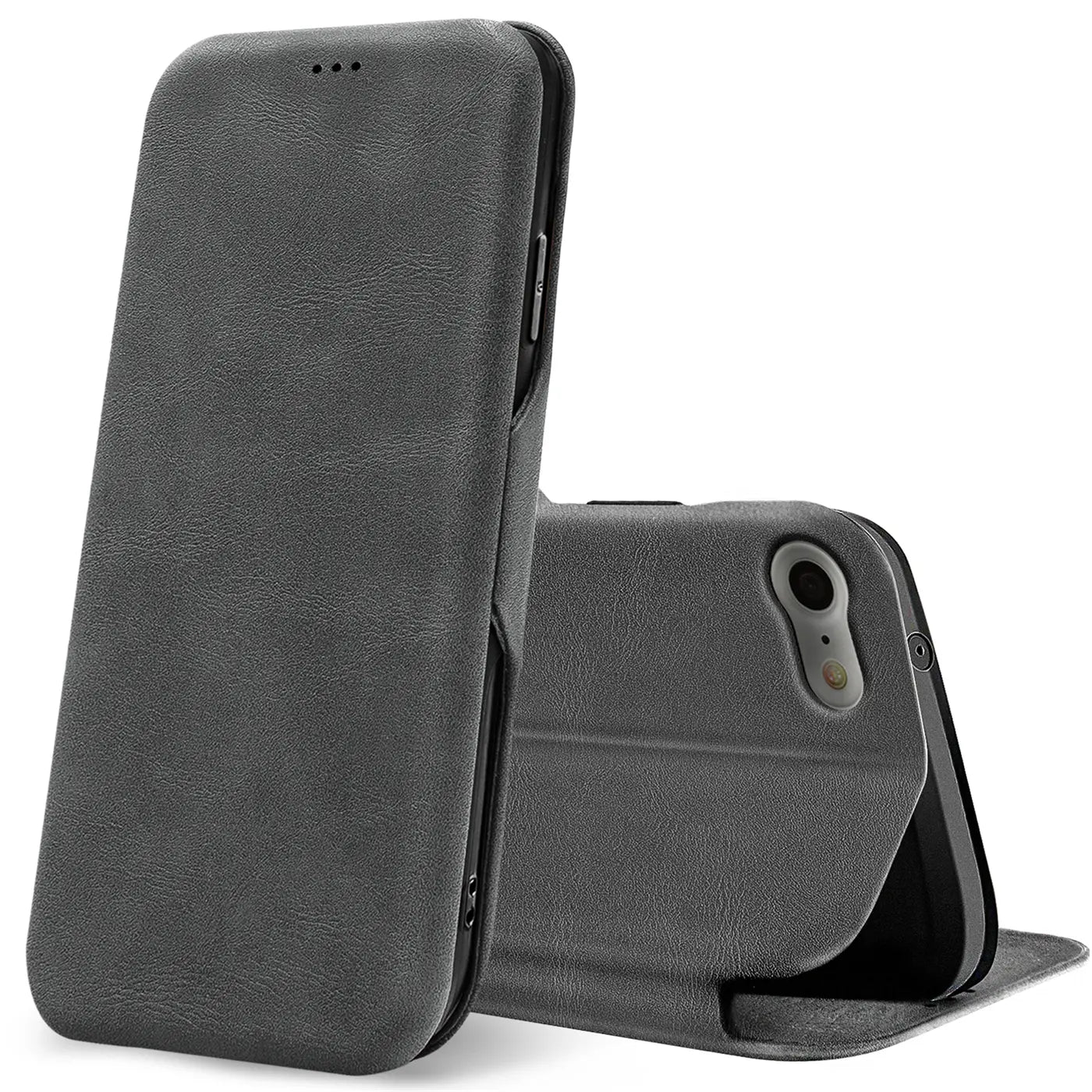 Graue Kunstleder-Klapphülle für iPhone 7/8/SE, von vorne und hinten gezeigt.