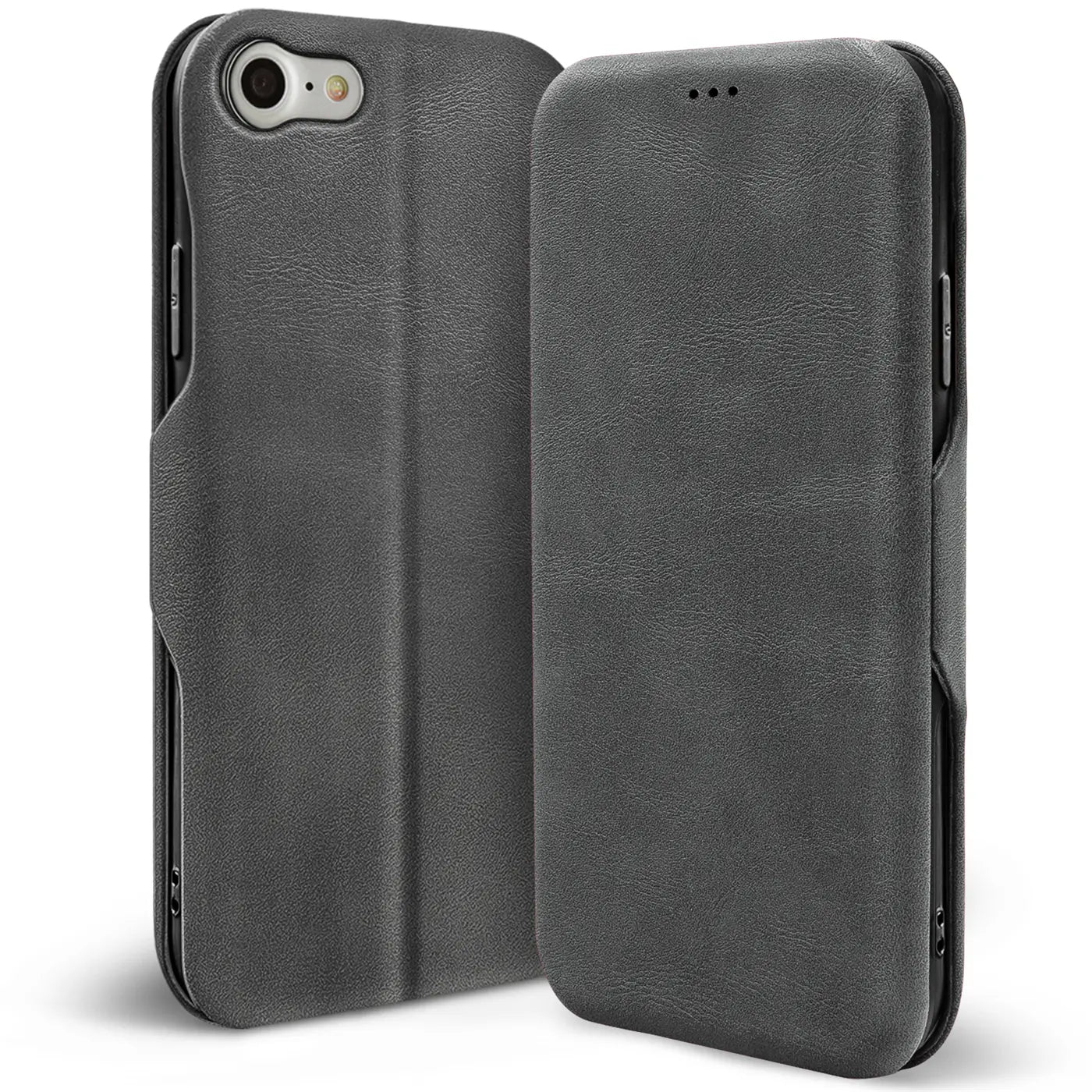 Graue Leder-Klapphülle für iPhone 7/8/SE, von vorne/leicht schräg