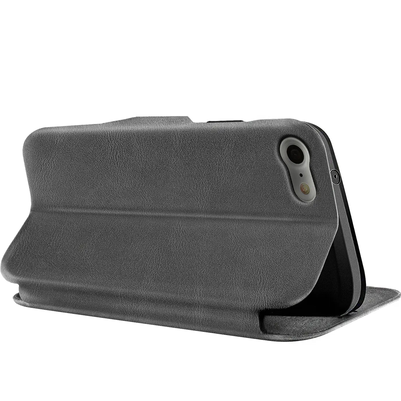 Dunkelgraue Leder-Klapphülle für iPhone 7/8/SE, Rückansicht, seitlich