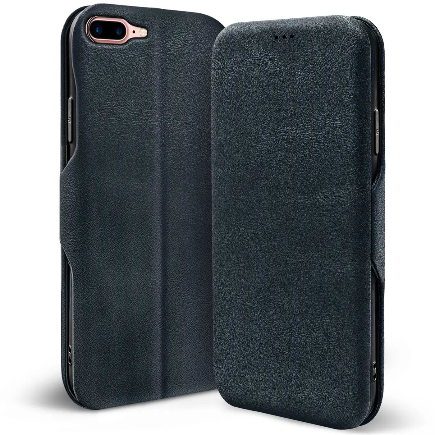Dunkelblaue Leder-Klapphülle für iPhone 7 Plus/8 Plus, von vorne schräg gezeigt.
