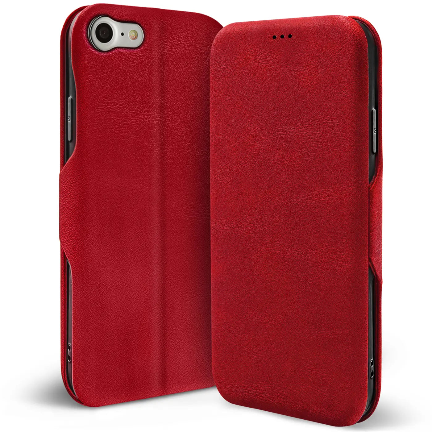 Rote Leder-Klapphülle, offen und geschlossen, für iPhone 7/8/SE.