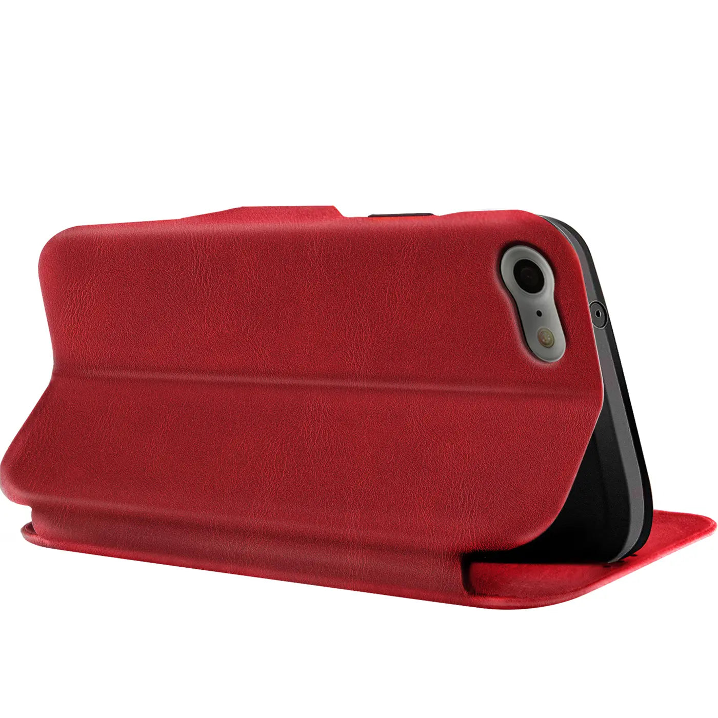 Rote Kunstledertasche, von schräg hinten, mit iPhone 7/8/SE 2/SE 3