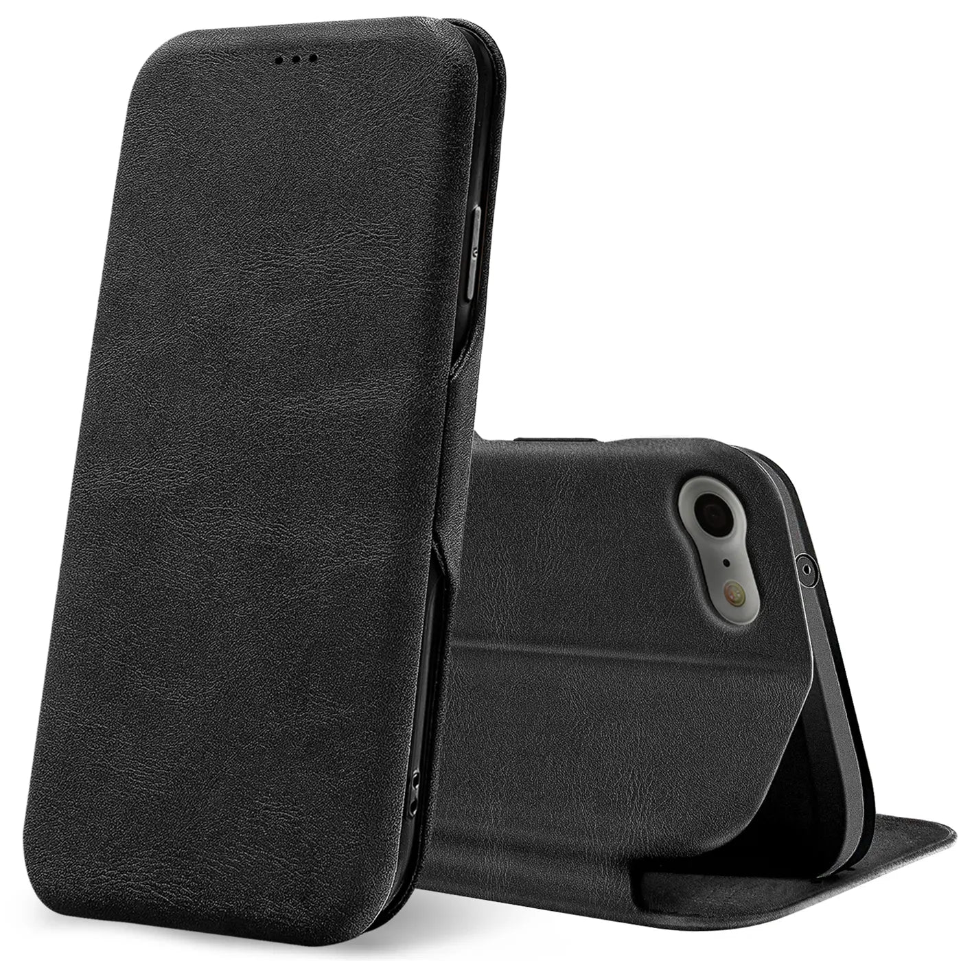 Schwarze Leder-Klapphülle mit Kartenfach, zeigt Rückseite eines iPhones 7/8/SE.