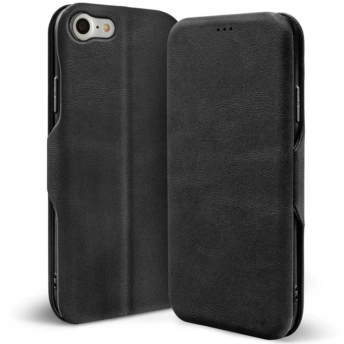 Schwarze Leder-Klapphülle mit Kartenfach, von vorne/leicht schräg, für iPhone 7/8/SE.